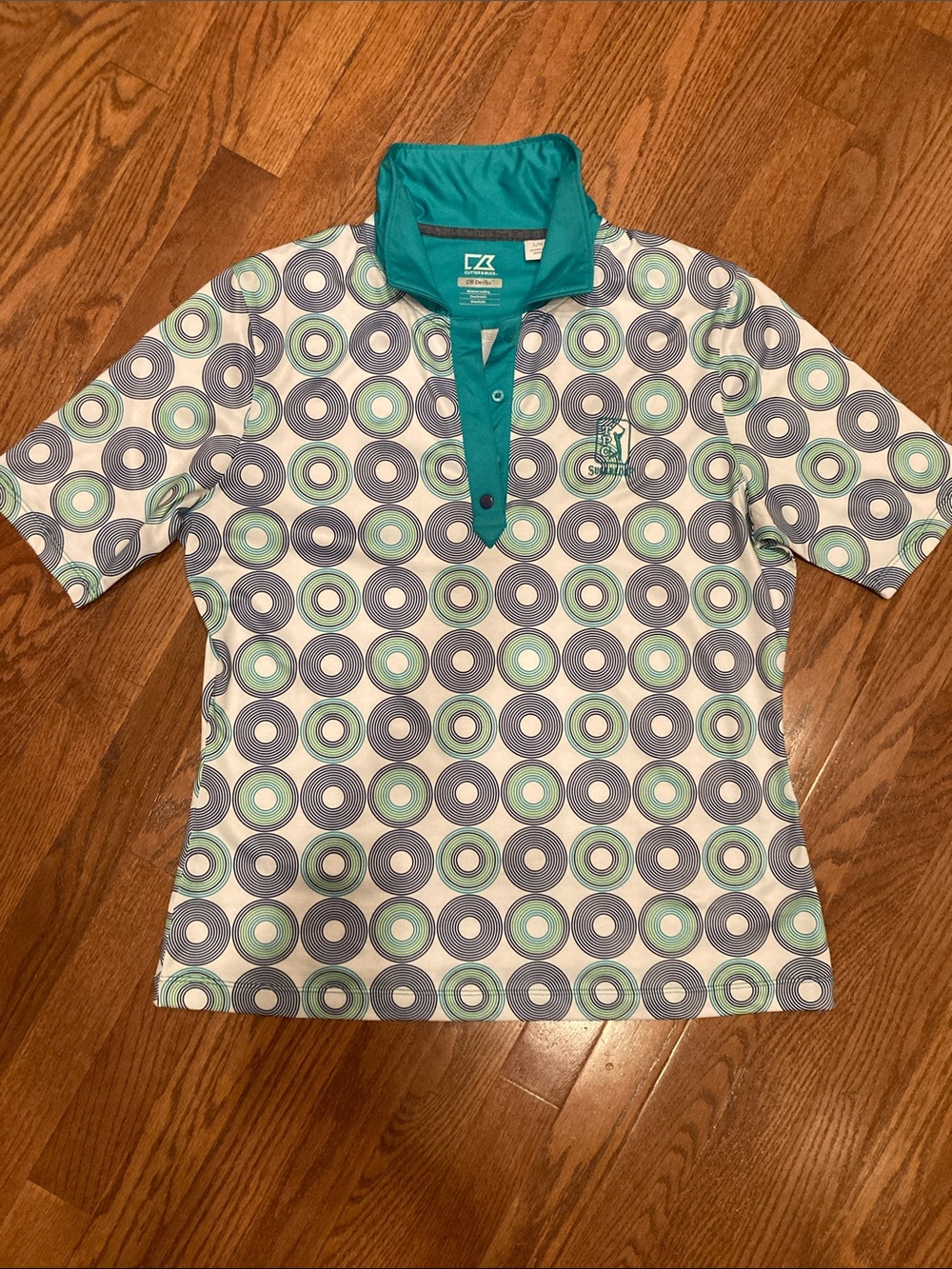 Ladies Golf Shirt in Teal and Blue and Green - Casual Patterned Top